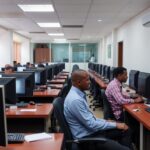 Biuro oszustów matrymonialnych z Afryki, gdzie wiele osób pracuje przy komputerach, oszuści scammer zdjęcia