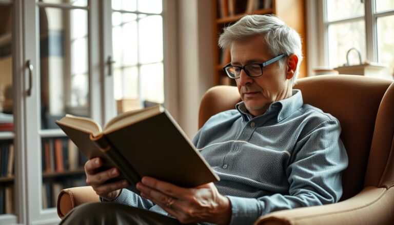 Dojrzały mężczyzna po 60 roku życia czytający książkę w fotelu, czego pragnie facet po 60