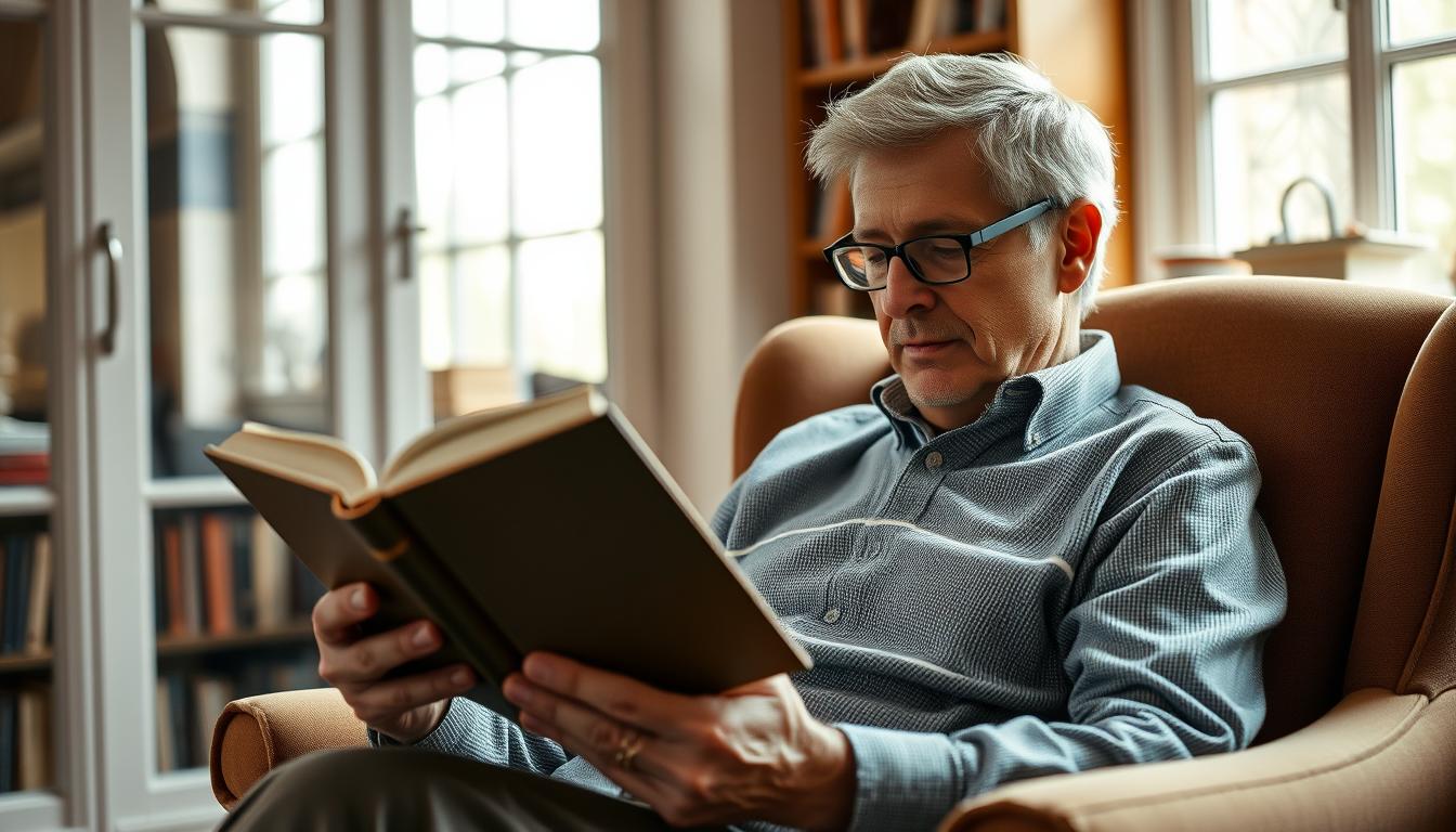 Dojrzały mężczyzna po 60 roku życia czytający książkę w fotelu, czego pragnie facet po 60