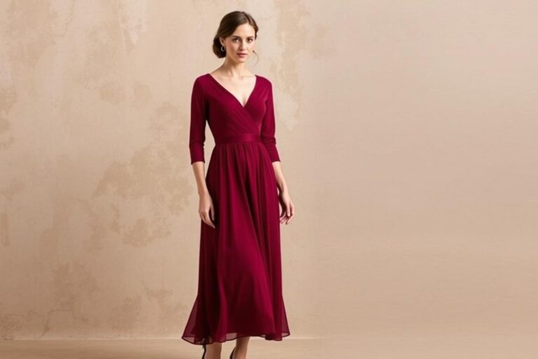 Elegancka sukienka midi w kolorze burgundowym idealna na wesele we wrześniu