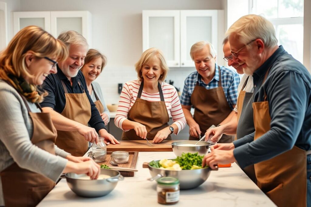 Grupa osób w średnim wieku uczestnicząca w warsztatach kulinarnych