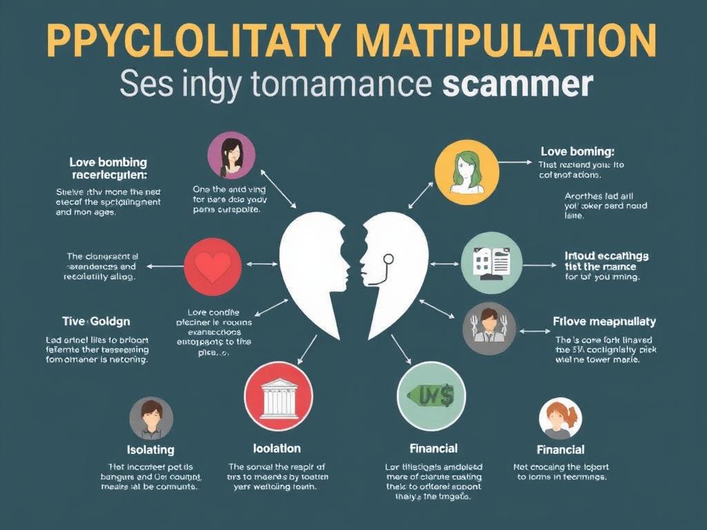 Infografika pokazująca mechanizmy psychologicznej manipulacji stosowane przez oszustów matrymonialnych