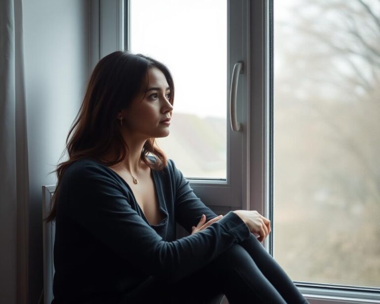 Kobieta siedząca samotnie przy oknie, przeżywająca życie po rozstaniu