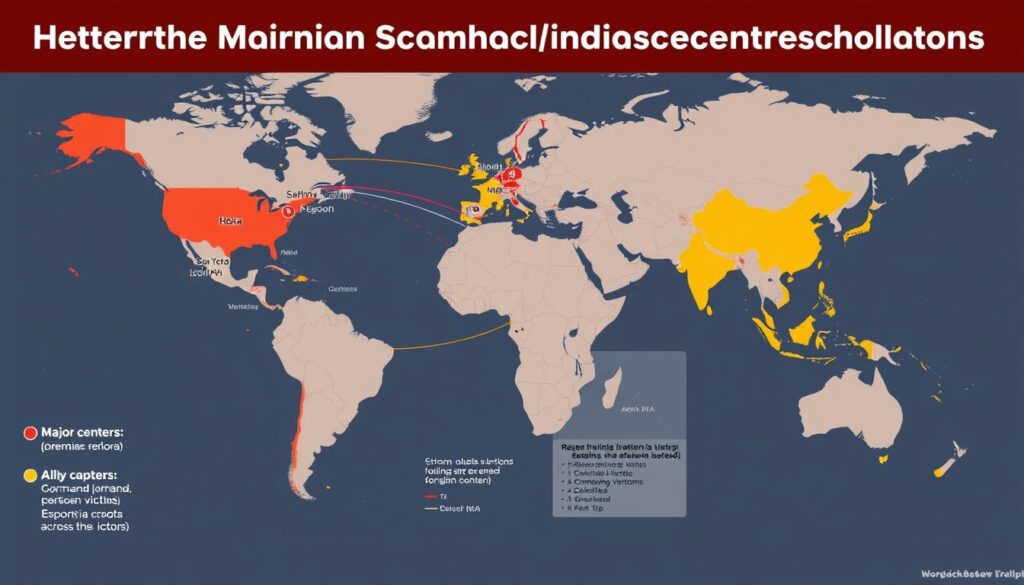 Mapa świata pokazująca główne ośrodki działalności zagranicznych oszustów matrymonialnych