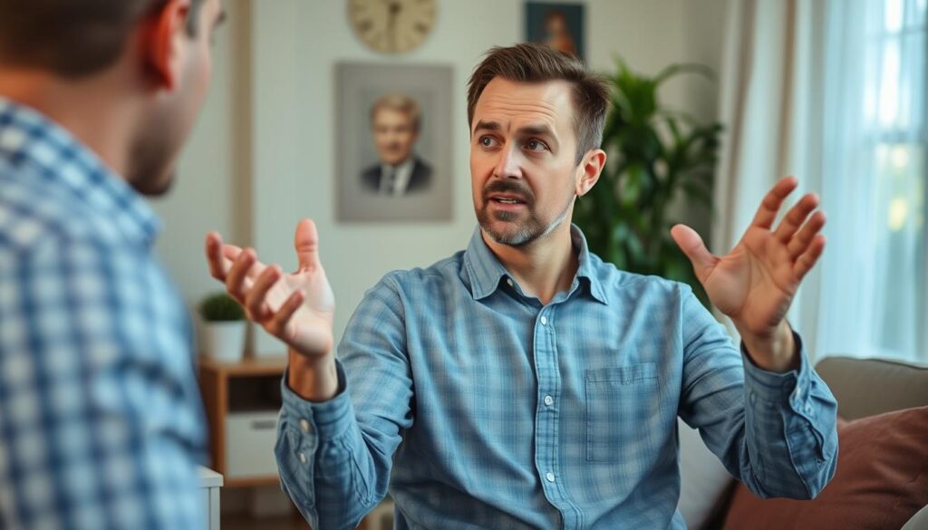 Mężczyzna gestykulujący podczas rozmowy, z widocznymi oznakami kłamania w mowie ciała