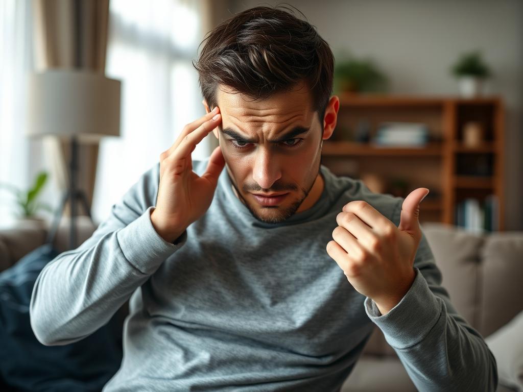 Mężczyzna pokazujący typowe gesty podczas kłamania - dotykanie twarzy, unikanie kontaktu wzrokowego