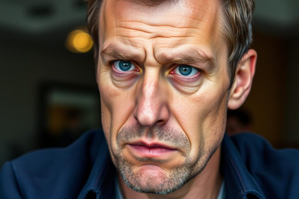 Mężczyzna utrzymujący intensywny kontakt wzrokowy podczas kłamania, facet kłamie w żywe oczy