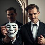 Mężczyzna w garniturze z maską w ręku symbolizujący dwulicowość psychopaty w relacjach miłosnych