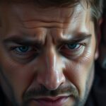 Mężczyzna z wyraźnymi oznakami stresu podczas kłamania, facet kłamie w żywe oczy