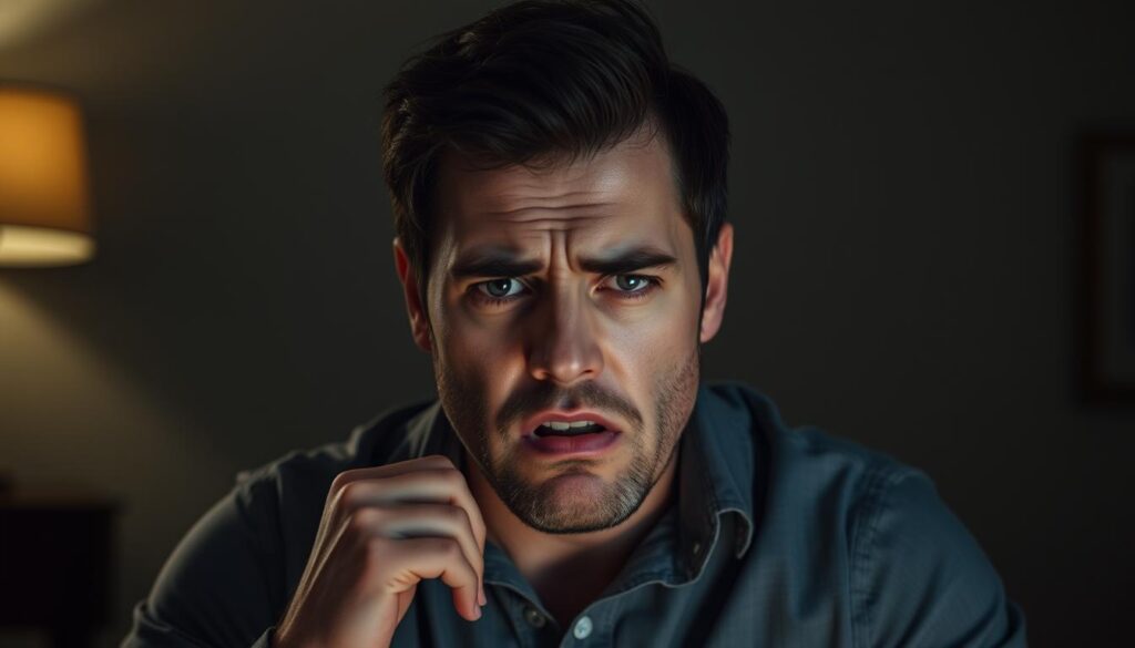 Mężczyzna z wyraźnymi oznakami wewnętrznego konfliktu podczas kłamania