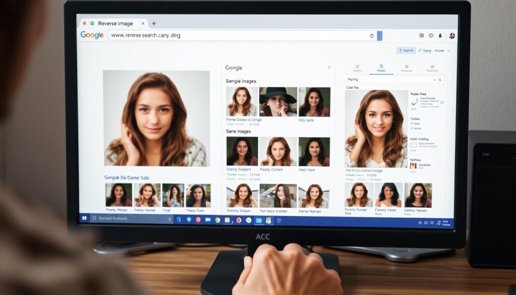 Osoba korzystająca z wyszukiwania obrazem Google do weryfikacji zdjęcia potencjalnego oszusta matrymonialnego