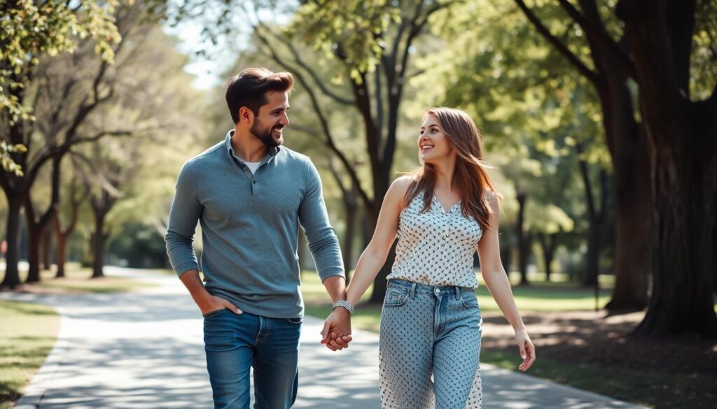 Szczęśliwa para trzymająca się za ręce podczas spaceru, symbolizująca pokonanie problemów i jak poradzić sobie z chcicą