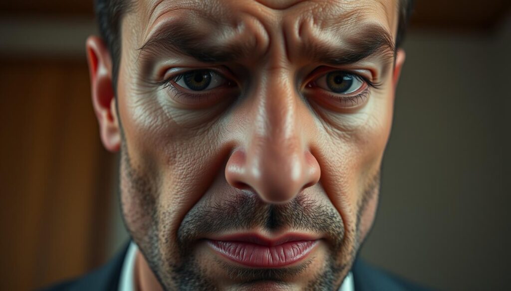 Zbliżenie na twarz mężczyzny pokazujące mikroekspresje podczas kłamania